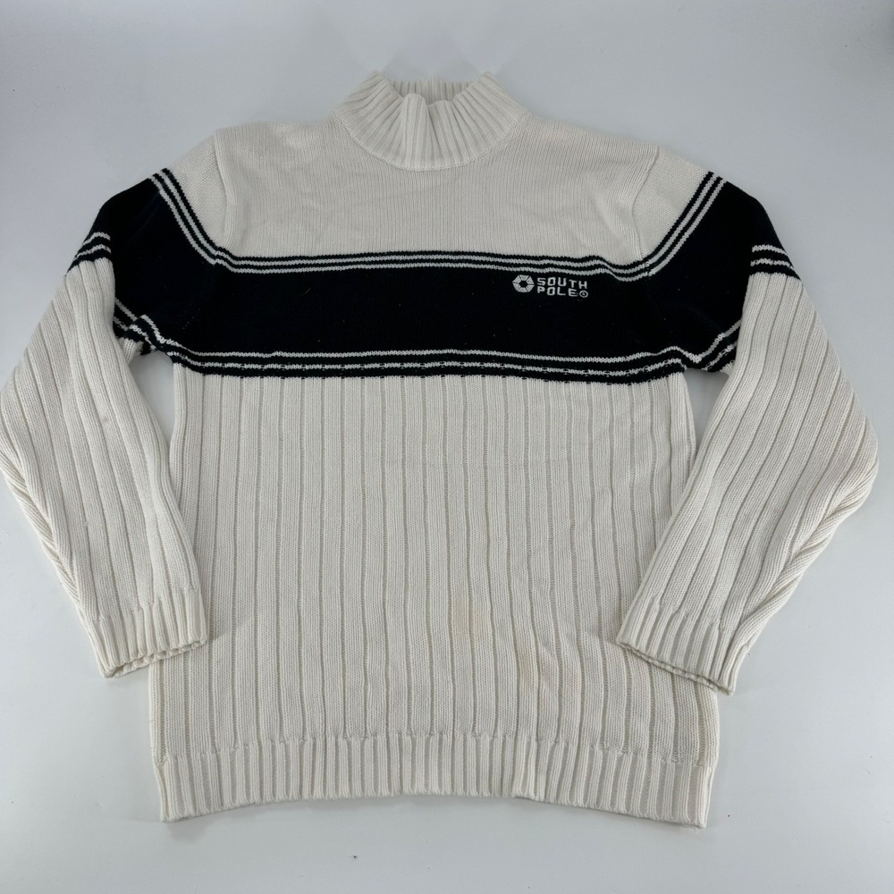 South Pole Mens L Mock Neck Sweater Cream Black Stripe Long Sleeve Knit
